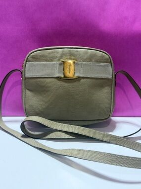 Salvatore Ferragamo Taupe Crossbody with Gold Bow Accent